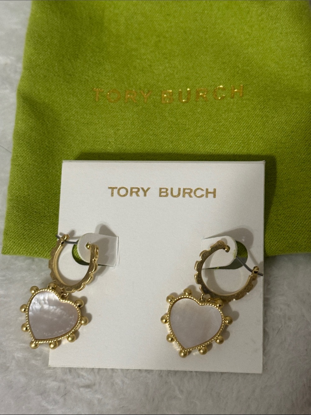 Tory Burch Gold Heart Drop Earrings with Mother-of-Pearl